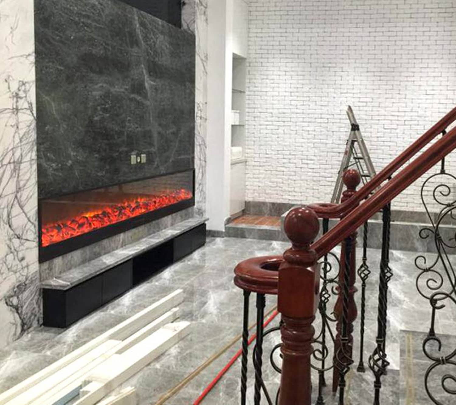 Sined Fireplace Etna Chimenea Electrica Empotrable De 3 Metros Con 1500w De Potencia Negra Chimenea Electrica Grande De Interior Efecto Llama Real Mandos Manuales y Control Remoto