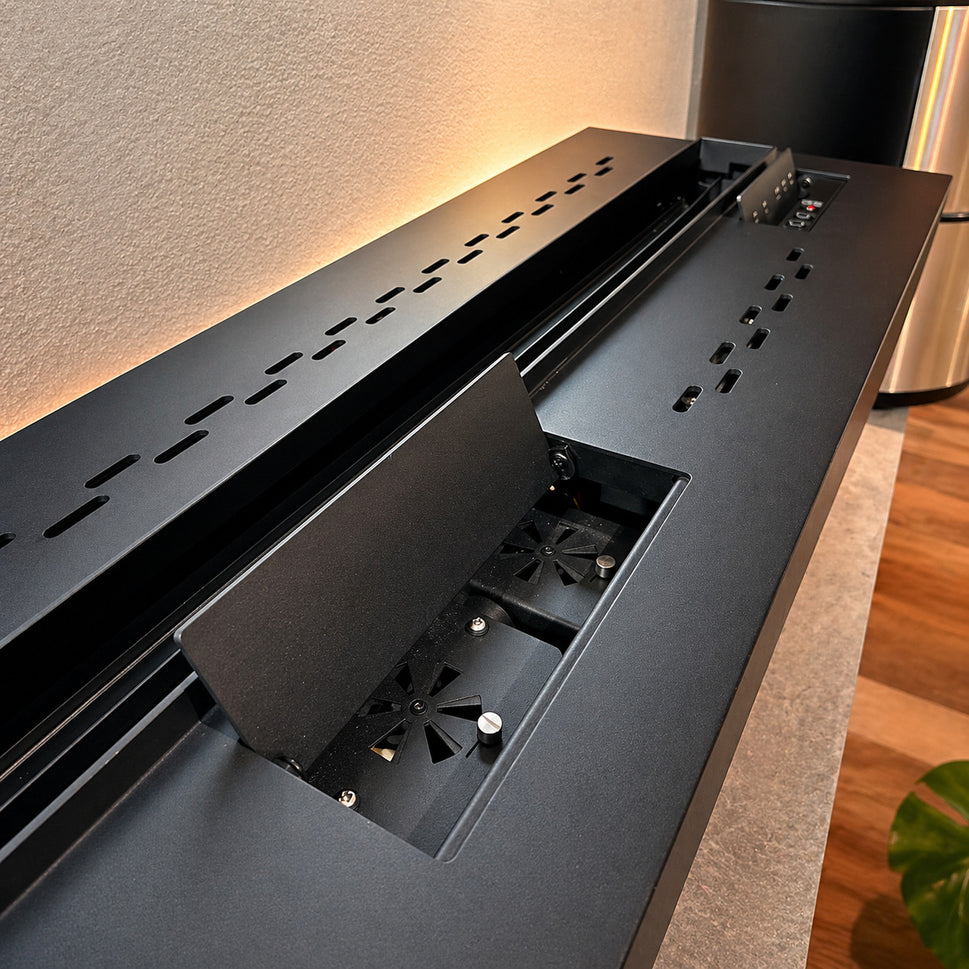 Three-sided electric fireplace with super realistic flame 108cm 7501500W controllable by front panel or remote timer and weekly programming black color SINED CAMINETTO MERANO 108