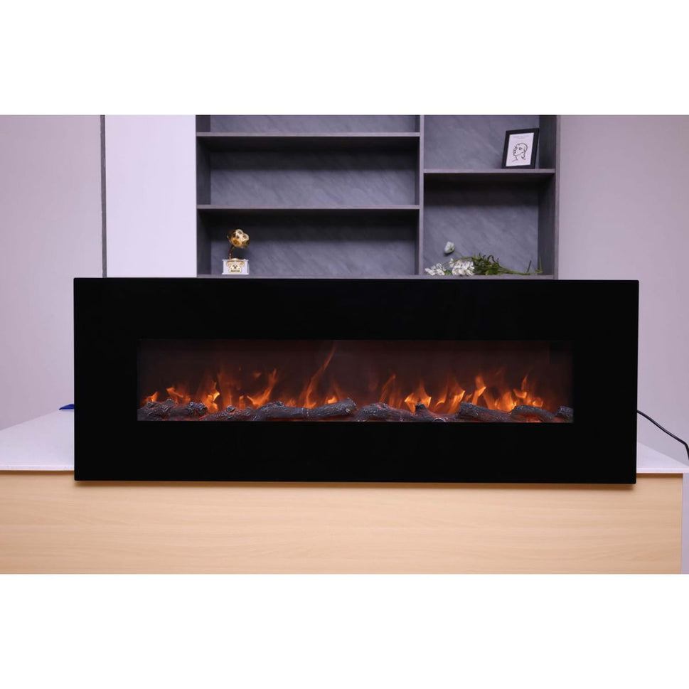 Sined Aprica Cheminée Électrique Murale en Acier et Verre 1500w Noir Effet Flamme LED Réaliste avec 6 Niveaux d'Intensité Lumineuse et Télécommande pour Maison et Bureau