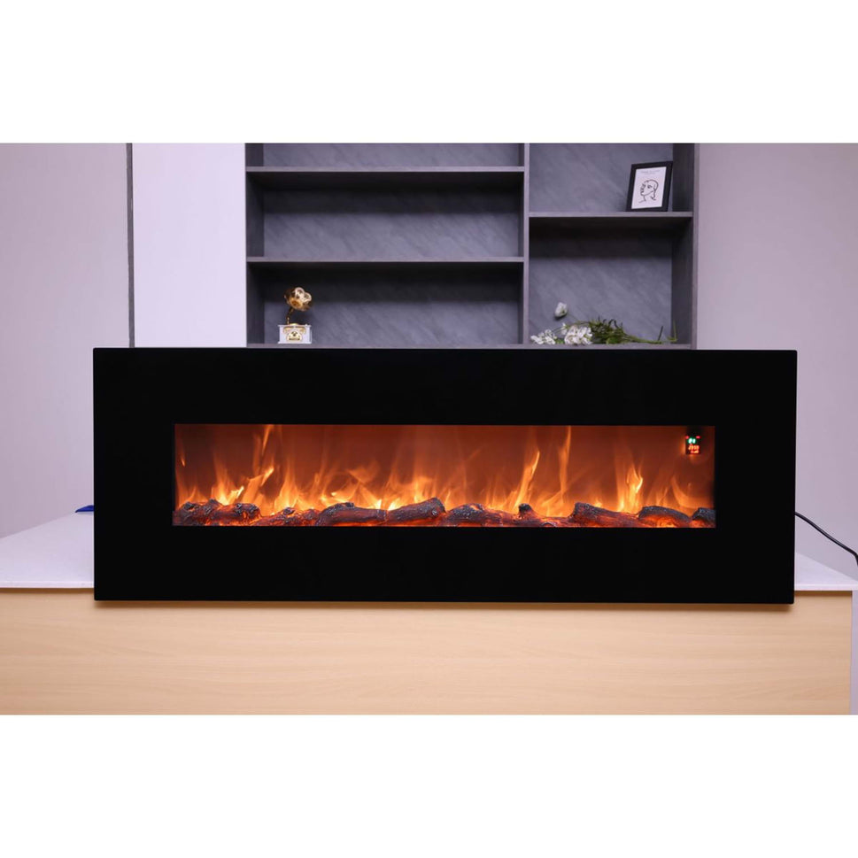 Sined Aprica Cheminée Électrique Murale en Acier et Verre 1500w Noir Effet Flamme LED Réaliste avec 6 Niveaux d'Intensité Lumineuse et Télécommande pour Maison et Bureau