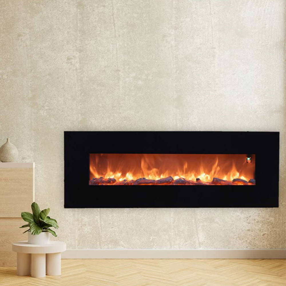 Sined Aprica Cheminée Électrique Murale en Acier et Verre 1500w Noir Effet Flamme LED Réaliste avec 6 Niveaux d'Intensité Lumineuse et Télécommande pour Maison et Bureau