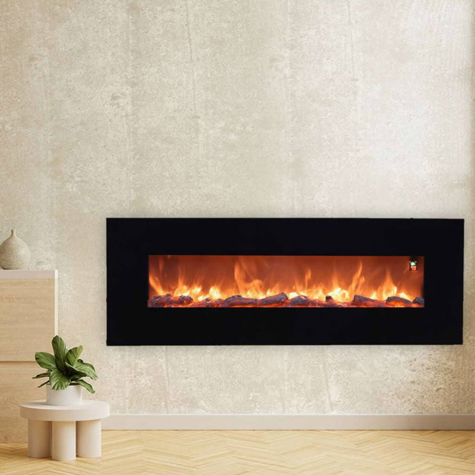 Sined Aprica Cheminée Électrique Murale en Acier et Verre 1500w Noir Effet Flamme LED Réaliste avec 6 Niveaux d'Intensité Lumineuse et Télécommande pour Maison et Bureau