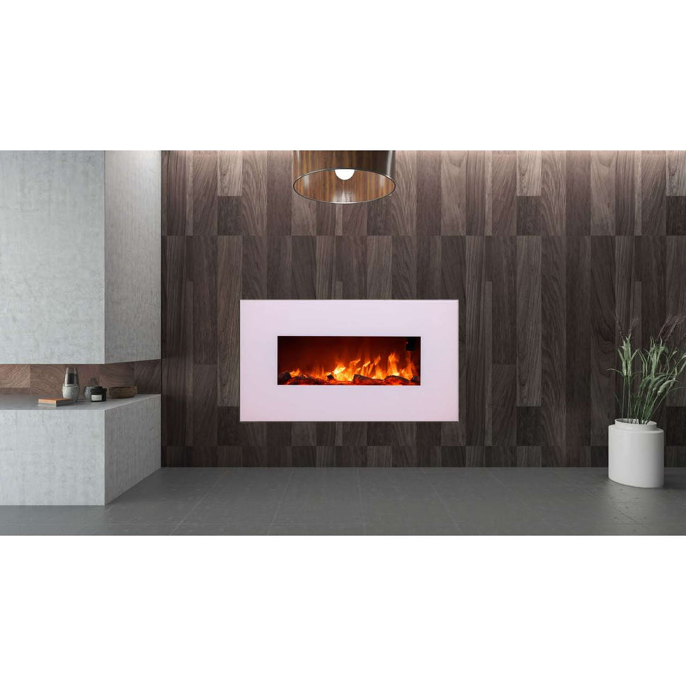 Sined Monte Cheminée Électrique Murale en Acier et Verre 1500w Effet Flamme LED Blanc Effet Flamme LED Réel 6 Niveaux d'Intensité avec Télécommande Idéal pour la Maison et le Bureau 98 Cm