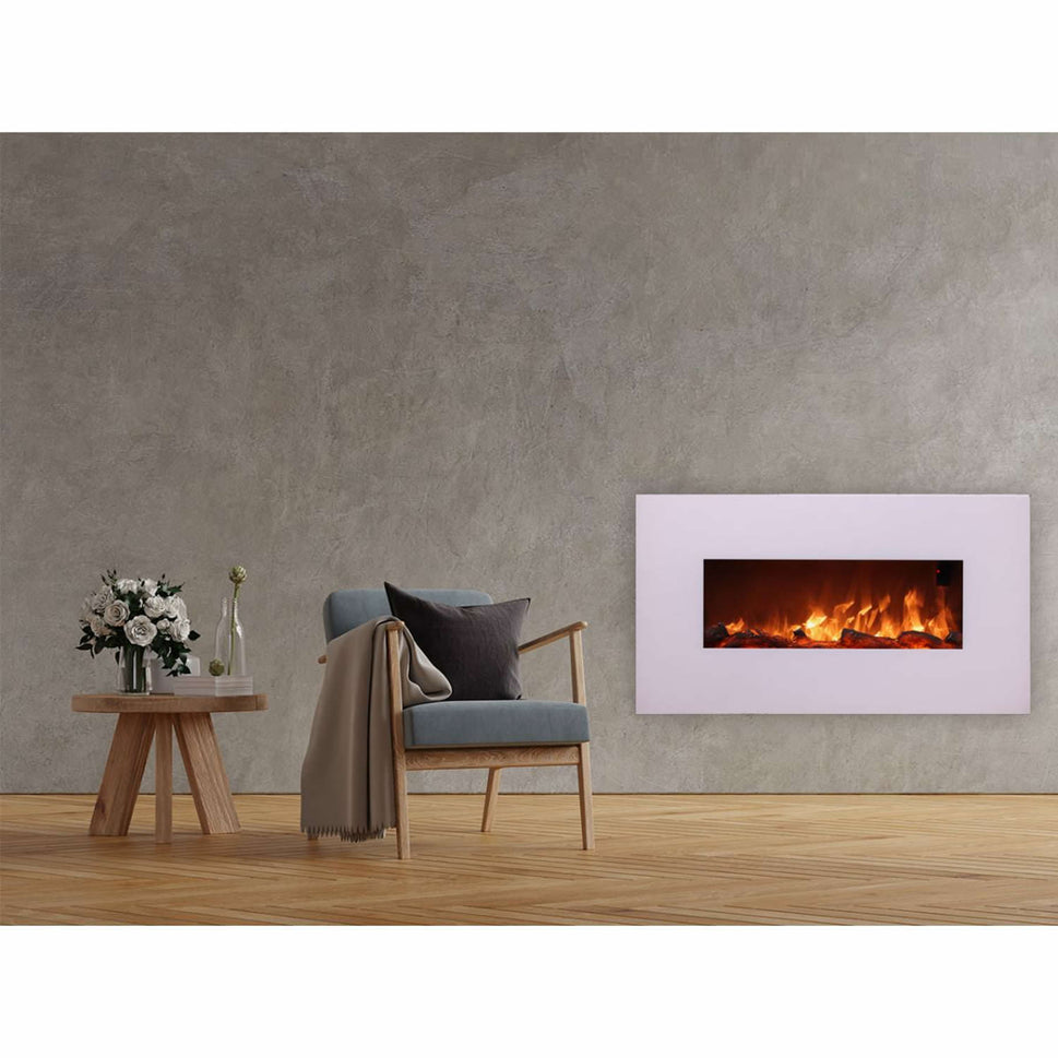 Sined Monte Cheminée Électrique Murale en Acier et Verre 1500w Effet Flamme LED Blanc Effet Flamme LED Réel 6 Niveaux d'Intensité avec Télécommande Idéal pour la Maison et le Bureau 98 Cm