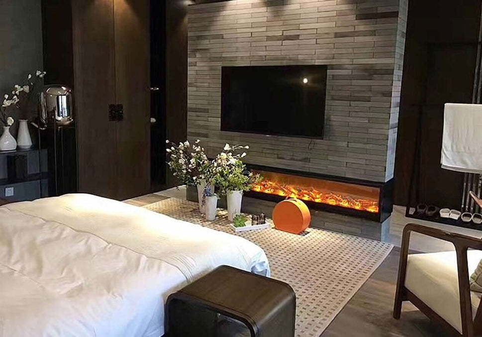 SINED Cheminée Électrique Noire en Acier avec Panneaux Laminés à Froid 2 Mètres Effet Flamme LED Réglable 6 Niveaux 750-1500W Commandes Manuelles et Télécommande CAMINETTO-VESUVIO-200