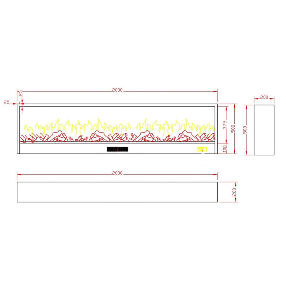 SINED Cheminée Électrique Noire en Acier avec Panneaux Laminés à Froid 2 Mètres Effet Flamme LED Réglable 6 Niveaux 750-1500W Commandes Manuelles et Télécommande CAMINETTO-VESUVIO-200