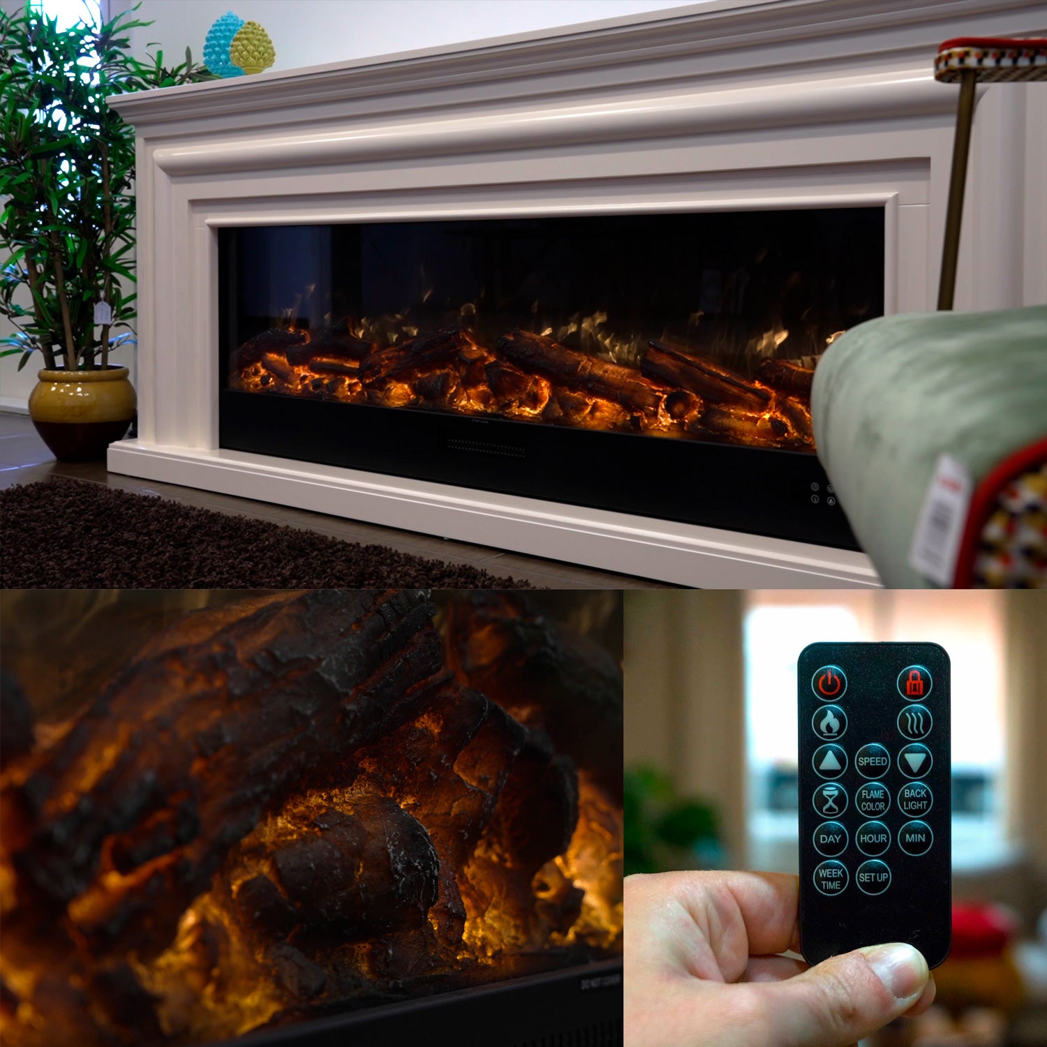 Sined Vulture Chimenea Electrica Larga Empotrable 150 Cm 1500w Negro Efecto Llama 6 Niveles Mandos Manuales y Mando a Distancia Incluidos Fabricada Con Paneles Laminados En Frío