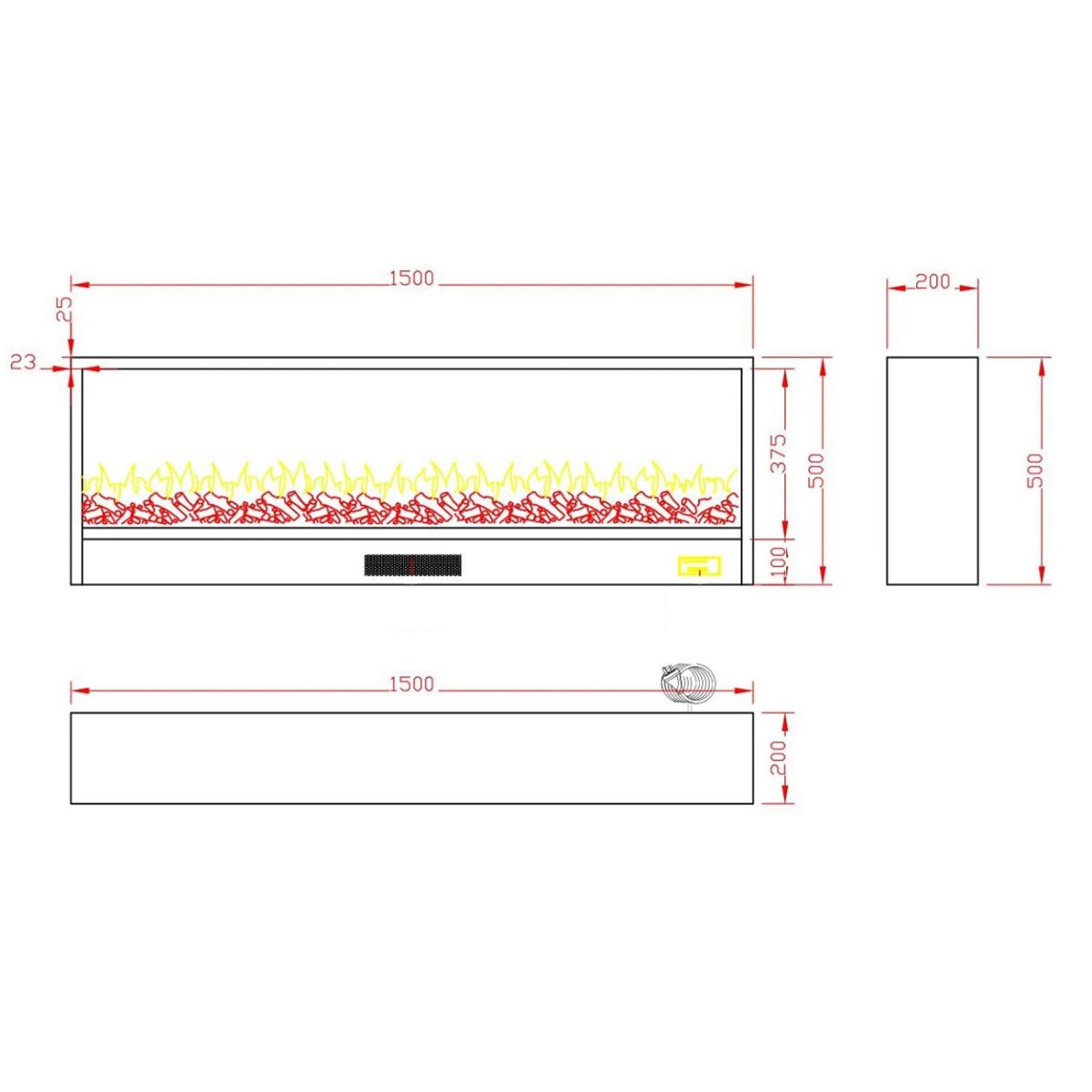 Sined Vulture Chimenea Electrica Larga Empotrable 150 Cm 1500w Negro Efecto Llama 6 Niveles Mandos Manuales y Mando a Distancia Incluidos Fabricada Con Paneles Laminados En Frío