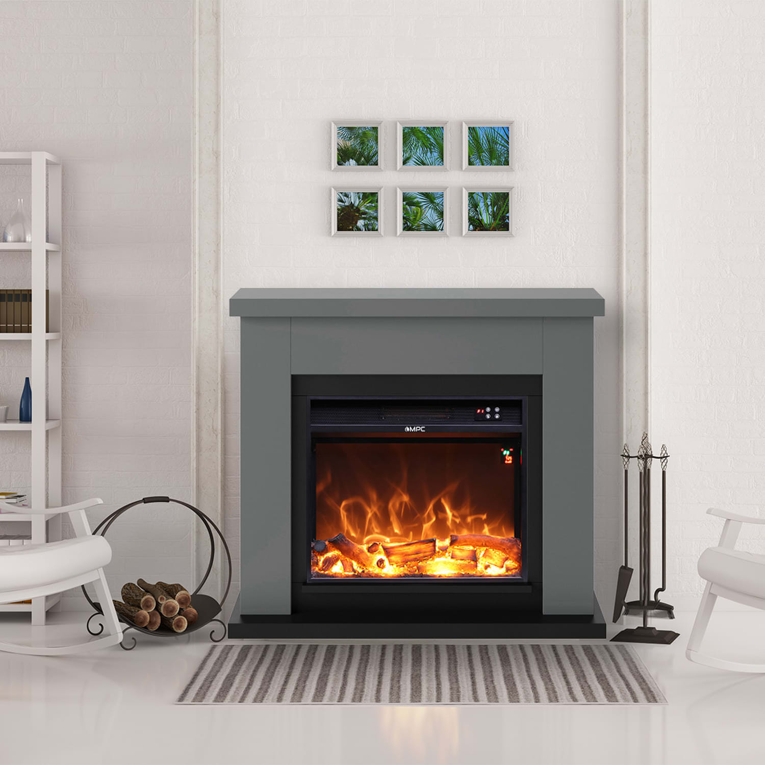 Mpc Camino Asciano Cheminée Sur Pied Avec Cadre et Brûleur 1500w Effet Flamme Gris Foncé Design Moderne Pour Tous Les Intérieurs Fabriqué En Bois MDF De Qualité Avec Télécommande