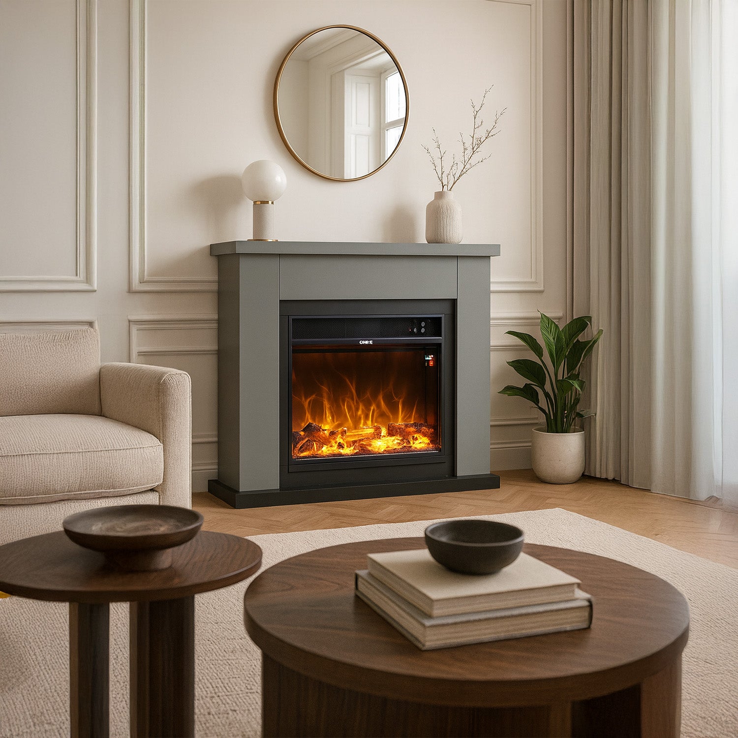 Mpc Camino Asciano Cheminée Sur Pied Avec Cadre et Brûleur 1500w Effet Flamme Gris Foncé Design Moderne Pour Tous Les Intérieurs Fabriqué En Bois MDF De Qualité Avec Télécommande