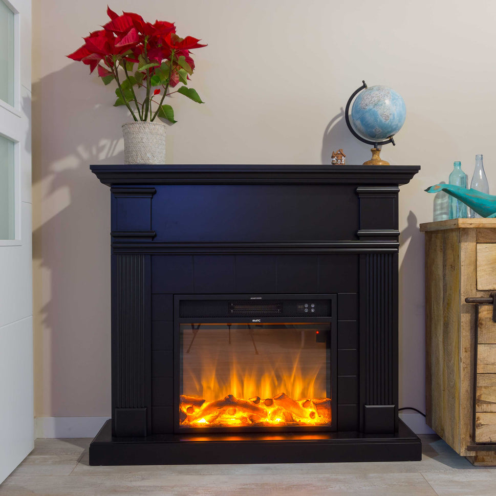 Cheminée Mpc Chaudière Cheminée Sur Pied Avec Cadre et Brûleur Électrique de 1500w Noir Télécommande Incluse Effet Flamme Seulement Possible Adapté Pour La Maison ou Le Bureau