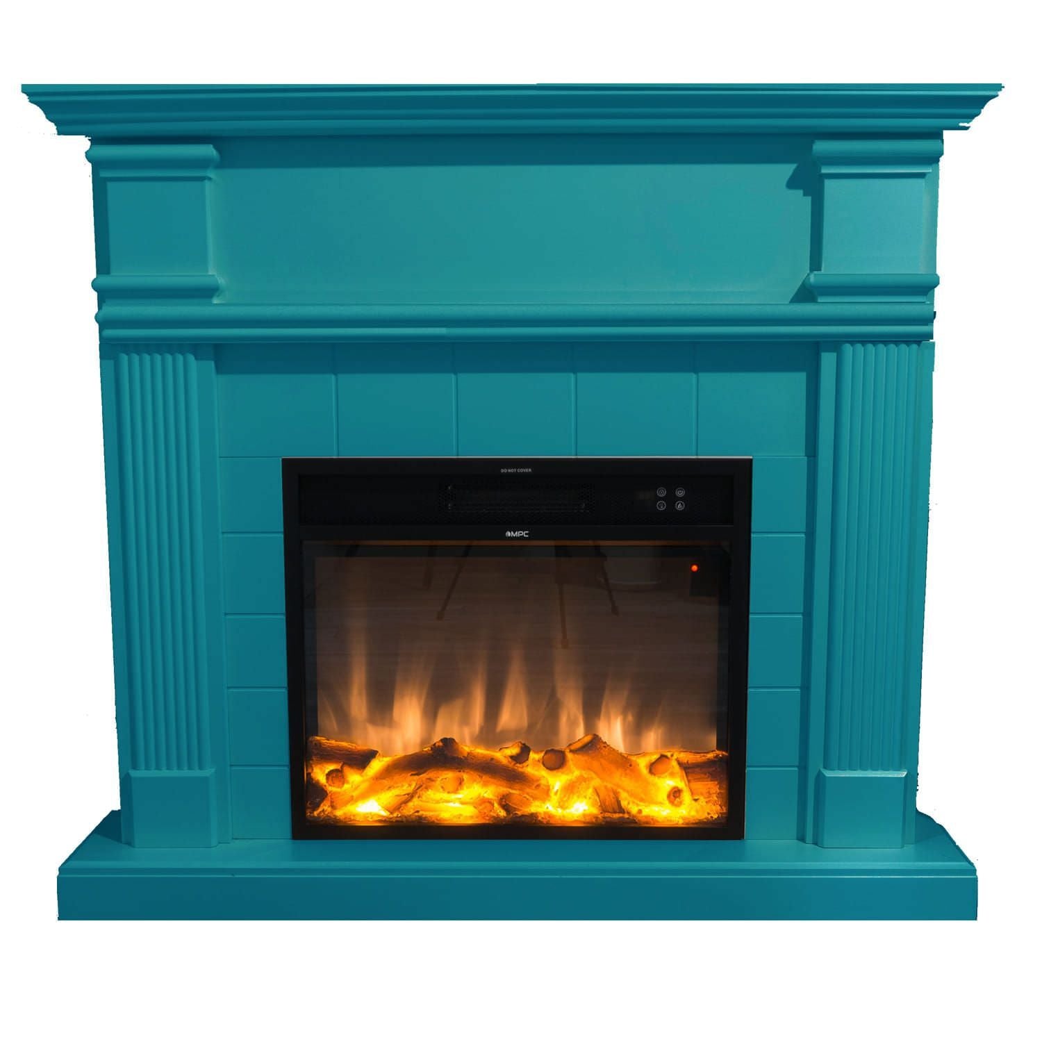 Mpc Chaudière Cheminée au Sol avec Cadre et Brûleur Électrique 1500w Turquoise Design Moderne pour Intérieurs Bois MDF avec Télécommande Effet Flamme Seulement