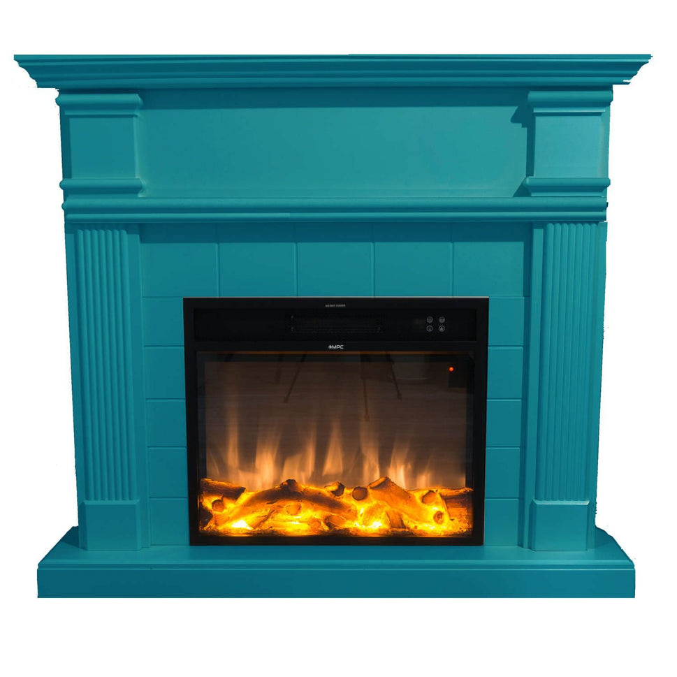 Mpc Chaudière Cheminée au Sol avec Cadre et Brûleur Électrique 1500w Turquoise Design Moderne pour Intérieurs Bois MDF avec Télécommande Effet Flamme Seulement