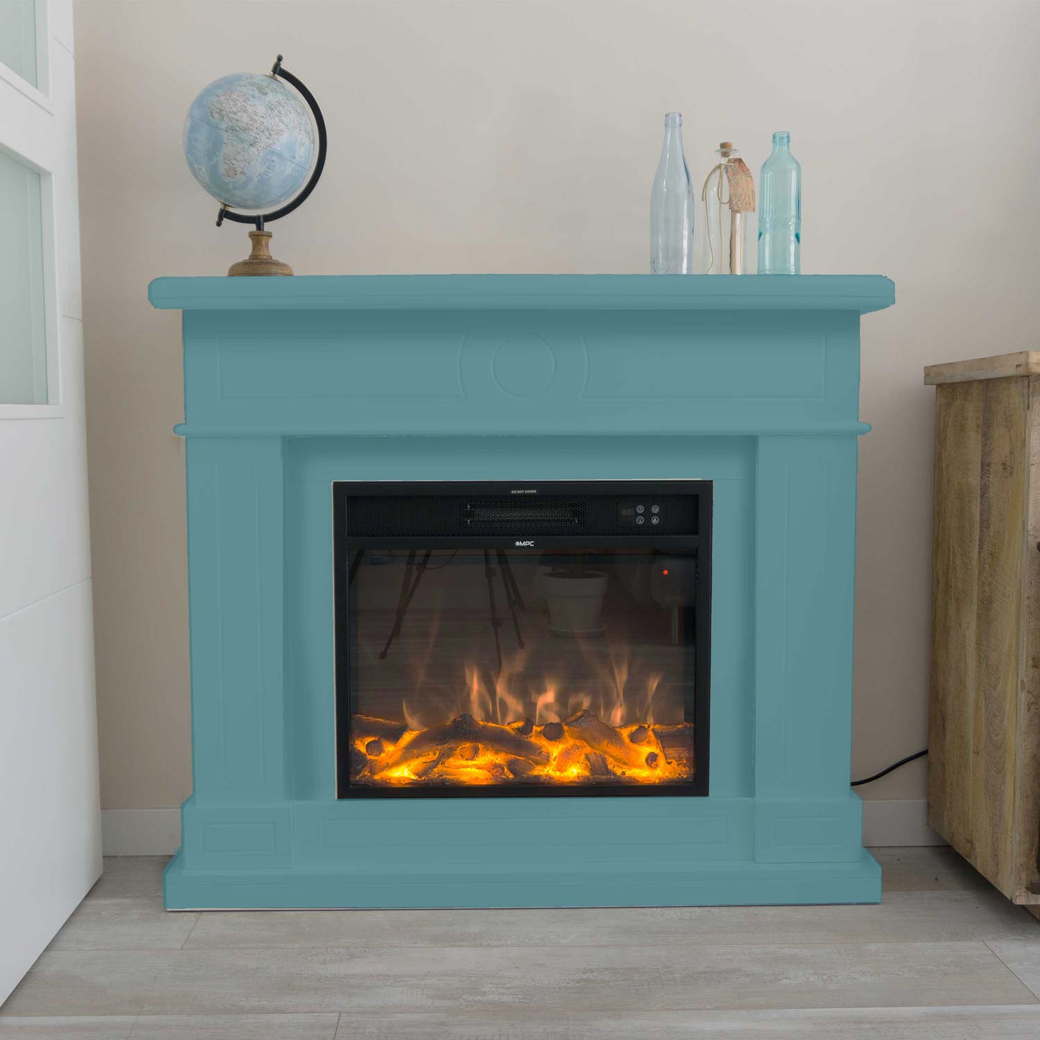 Cheminée Sur Pied Mpc Camino Lipari Avec Cadre et Brûleur Électrique 1500w Turquoise Cheminée Design Complète Avec Télécommande Fabriquée En Bois MDF De Qualité Facile À Installer ou Déplacer