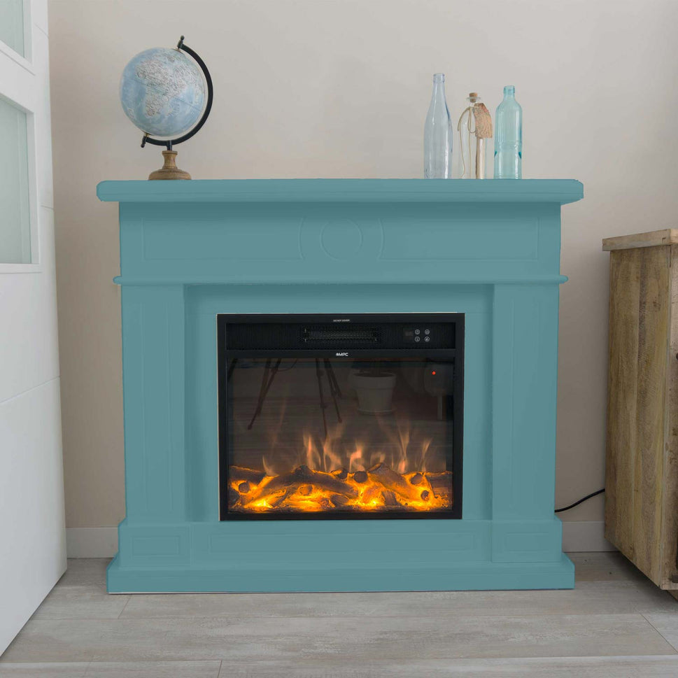 Cheminée Sur Pied Mpc Camino Lipari Avec Cadre et Brûleur Électrique 1500w Turquoise Cheminée Design Complète Avec Télécommande Fabriquée En Bois MDF De Qualité Facile À Installer ou Déplacer