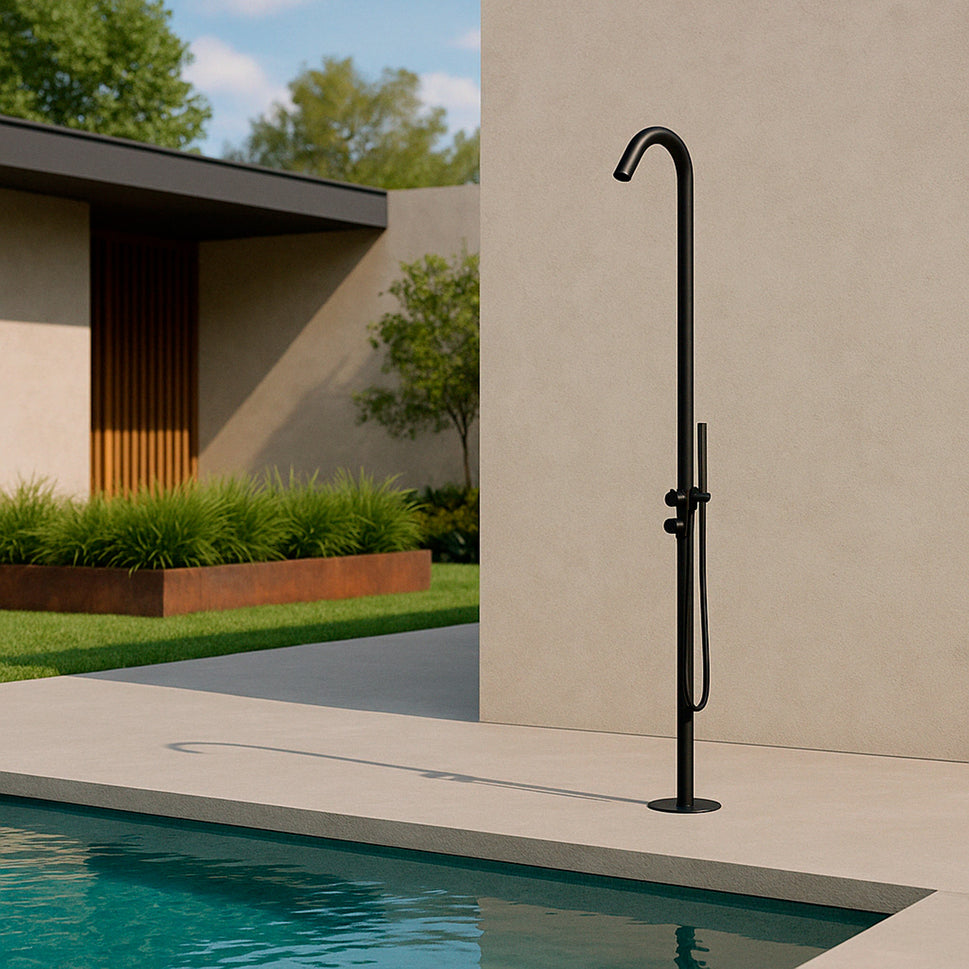 SINED Douche de Jardin en Acier Inoxydable AISI 316L couleur noir satiné avec mélangeur et accessoire pour intérieur et extérieur entrée d'eau chaude et froide depuis la base Modèle DOCCIA ALGHERO NERA