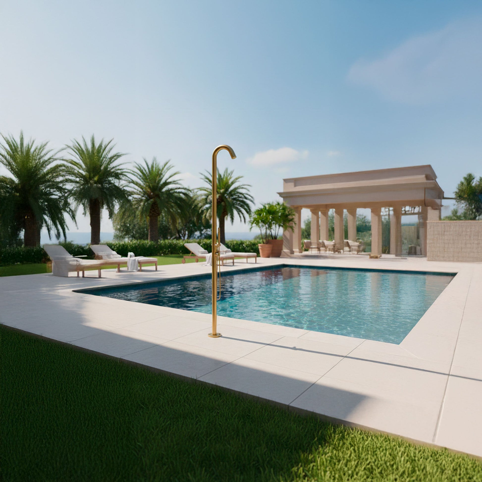 Ducha exterior de acero inoxidable AISI 316L satinado con mezclador y teleducha Entrada de agua fría y caliente por abajo Modelo Alghero Oro