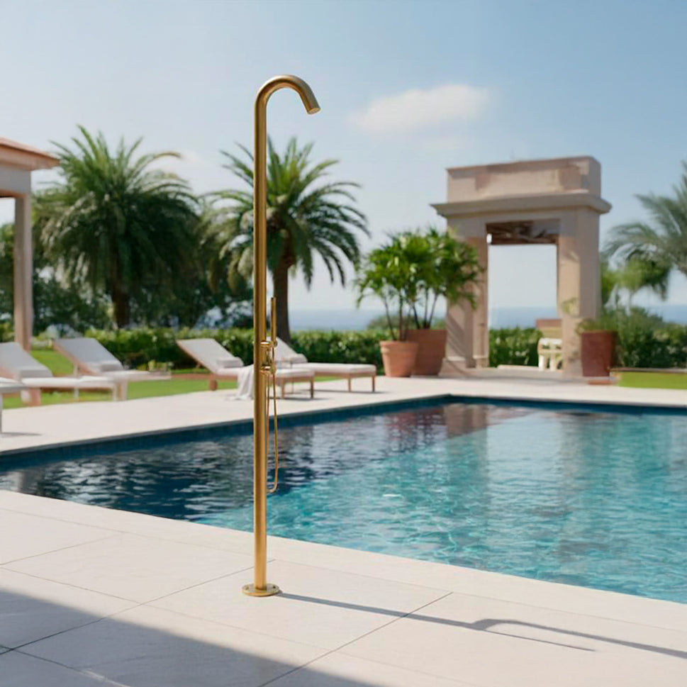 Ducha exterior de acero inoxidable AISI 316L satinado con mezclador y teleducha Entrada de agua fría y caliente por abajo Modelo Alghero Oro