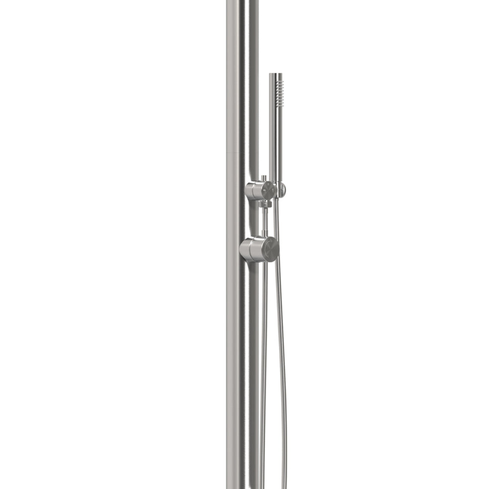 SINED Douche extérieure d'eau chaude et froide en acier inoxydable AISI 316L couleur inox satiné avec pomme de douche et déviateur manuel hauteur 229 cm et diamètre 6 cm modèle DOCCIA BOSA INOX