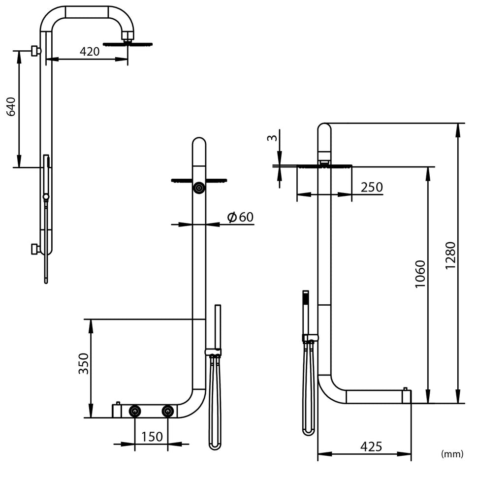 SINED Ducha de pared En Acero Inoxidable 316L Acabado Satinado con Mezclador y Ducha Grande Para Paredes y Exteriores e Interiores Agua Caliente y Fría Modelo DOCCIA CABRAS INOX
