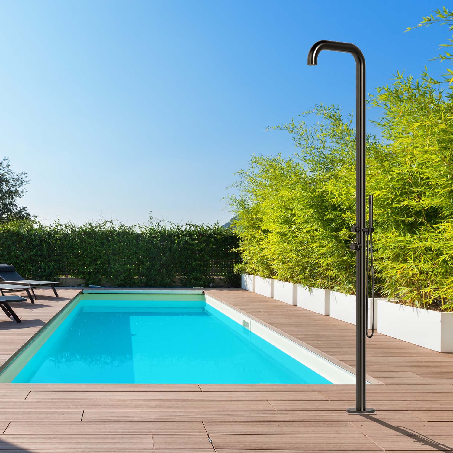 SINED Ducha de Piscina en Acero Inoxidable 316L Color Canna Fucile mezclador agua calientefría 230cm y accesorios integrados ideal para exteriores e interiores modelo DOCCIA CHIA CANNA FUCILE