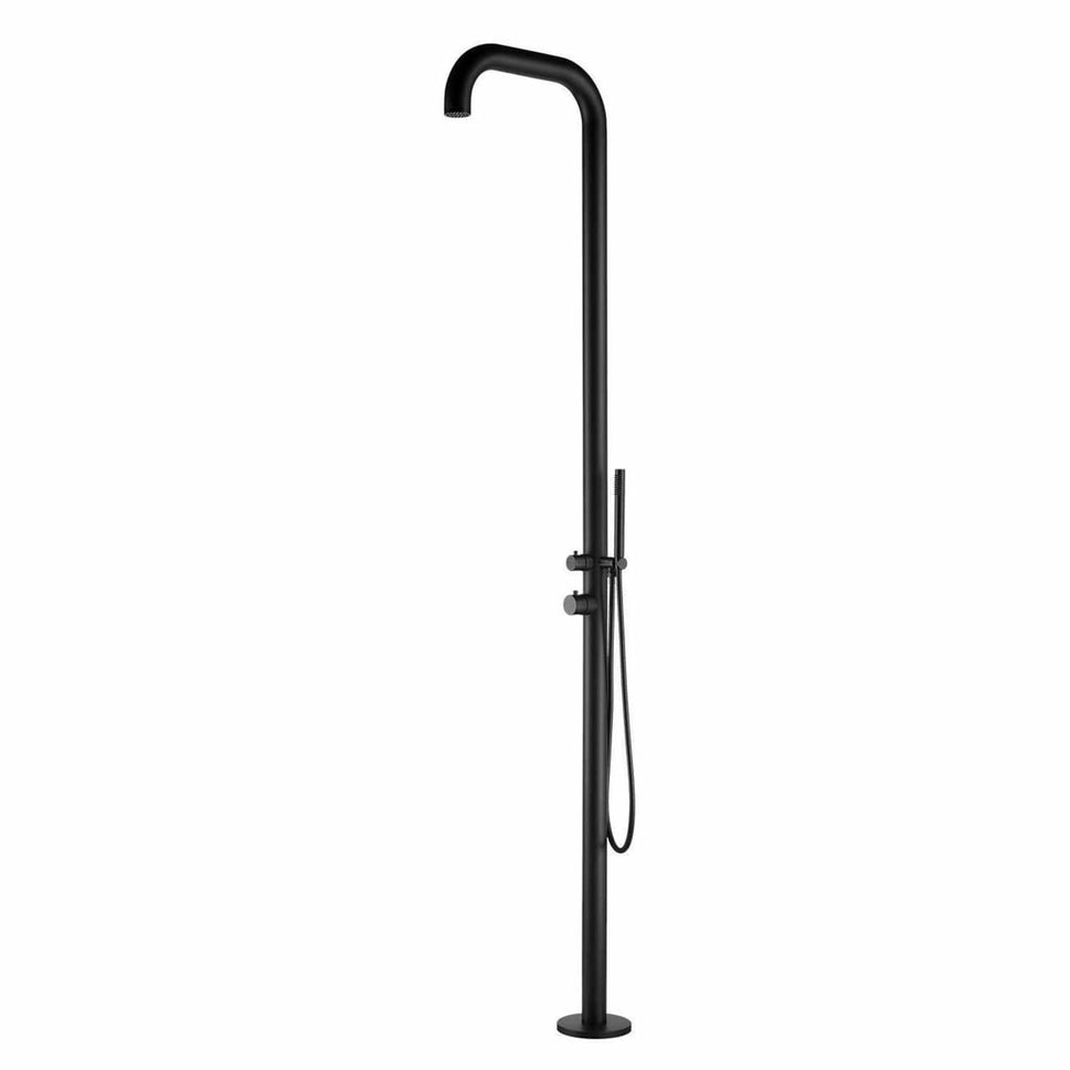 SINED Ducha de Exterior en Acero Inox náutico AISI 316L Negro Satinado Mezclador y Ducha de mano Diámetro 6 cm Entrada Agua Caliente y Fría a traves del suelo 230 cm DOCCIA CHIA NERA