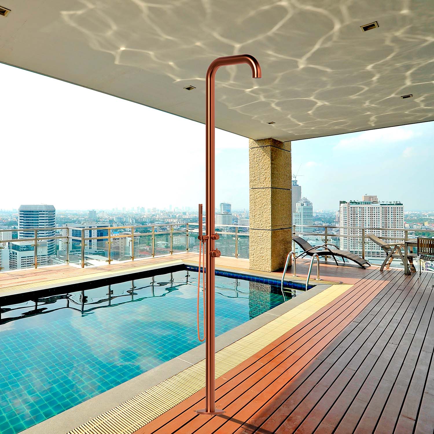 SINED Ducha Exterior en Acero Inoxidable 316L color Oro Rosa con Mezclador y Ducha de mano 230 cm agua fríacalientem Interiores y exteriores ambientes marinos y termales DOCCIA CHIA ORO ROSA