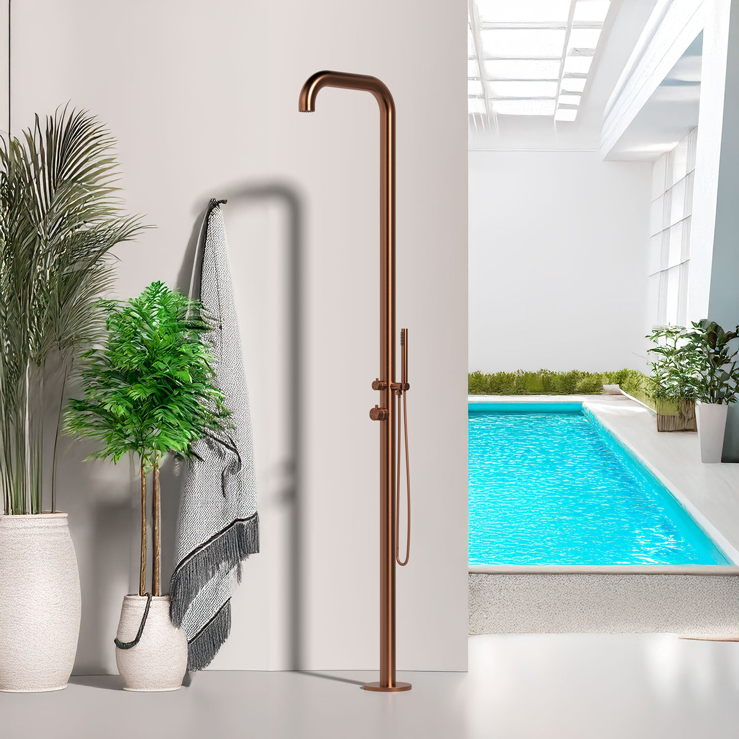 SINED Ducha Exterior en Acero Inoxidable 316L color Oro Rosa con Mezclador y Ducha de mano 230 cm agua fríacalientem Interiores y exteriores ambientes marinos y termales DOCCIA CHIA ORO ROSA