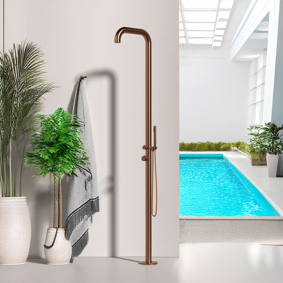 SINED Ducha Exterior en Acero Inoxidable 316L color Oro Rosa con Mezclador y Ducha de mano 230 cm agua fríacalientem Interiores y exteriores ambientes marinos y termales DOCCIA CHIA ORO ROSA