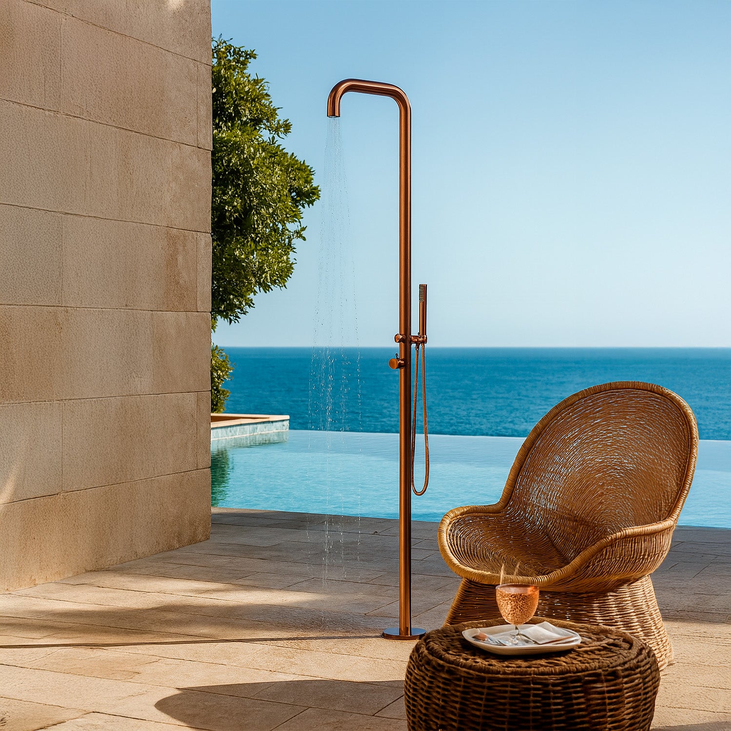 SINED Ducha Exterior en Acero Inoxidable 316L color Oro Rosa con Mezclador y Ducha de mano 230 cm agua fríacalientem Interiores y exteriores ambientes marinos y termales DOCCIA CHIA ORO ROSA