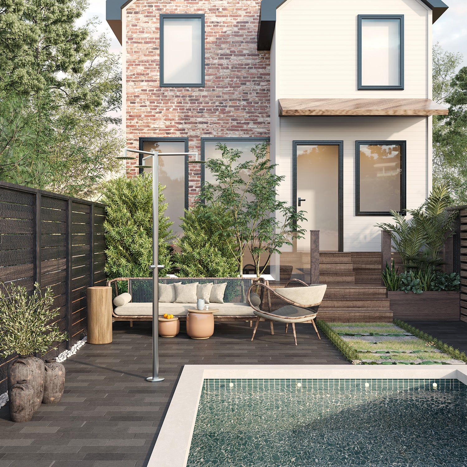 SINED Ducha De Exterior Con Triple Alcachofa en Acero Inoxidable 316L Náutico Resiste Corrosión Inox Satinado Diseno Funcional para Piscinas y Espacios Públicos - Modelo Cerbero