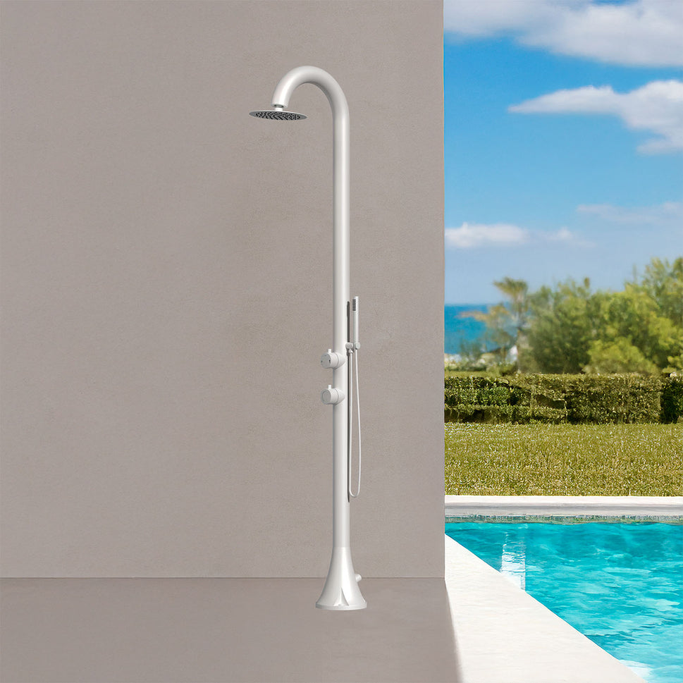 SINED Ducha de Piscina LUNA D BIANCA en Acero Inoxidable 316l Náutico Blanco Con Ducha de mano Doble conexión inferior y lateral Instalación en interior o exterior Agua fría y caliente