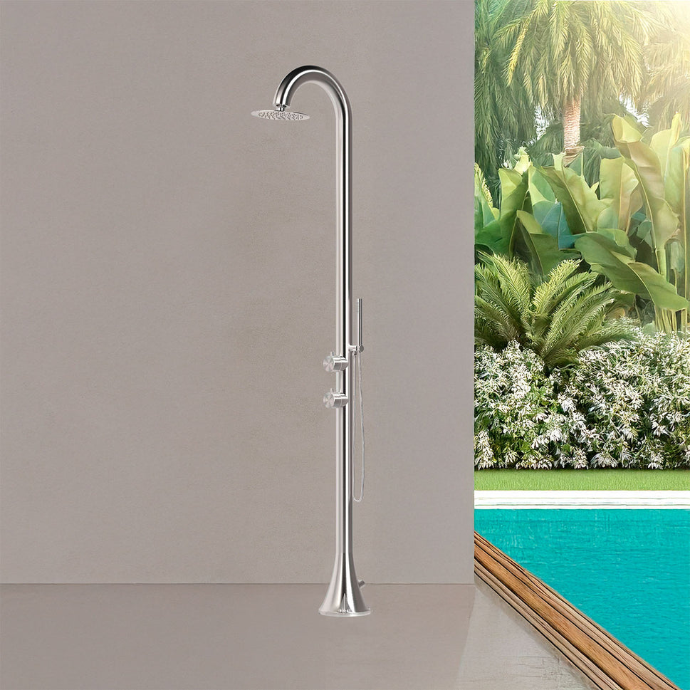 SINED Luna Douche de piscine en acier inoxydable 316l brossé avec pomme de douche flexible Eau chaude et froide Pour intérieur et extérieur Résistante Entrée d'eau inférieure ou latérale