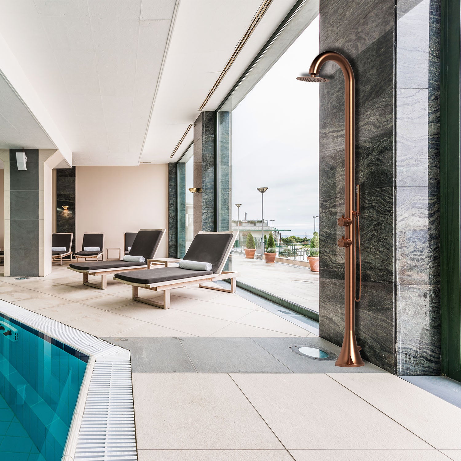 Sined Douche van Roestvrij Staal 316L Roze Goudkleurig met Flexibele Handdouche en Dubbele Ingang voor Warm en Koud Water Dubbele Temperatuurregeling Model Luna D Inox