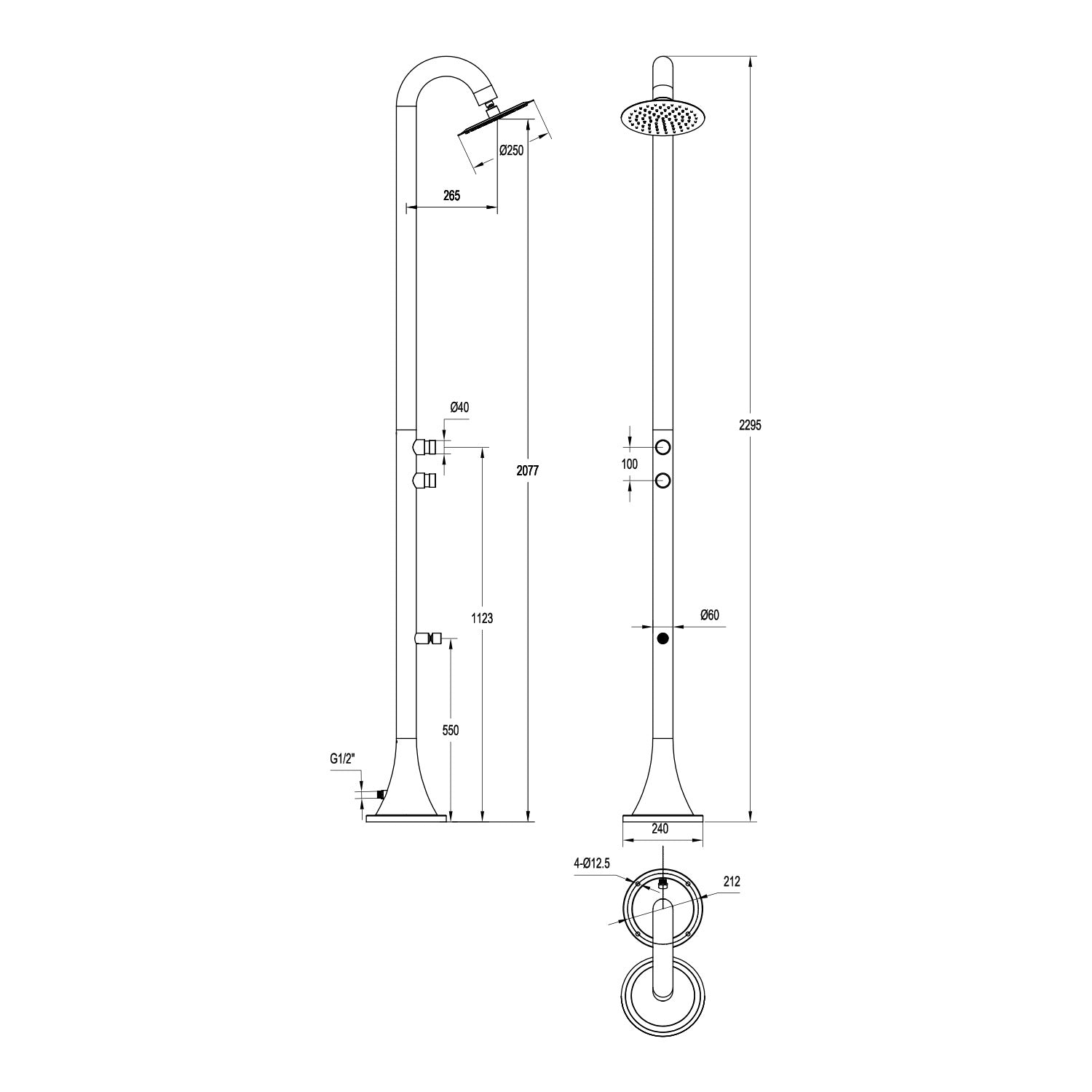 SINED Ducha Temporizada Inox Satinado en Acero Inox 316L para Jardines y Áreas de Piscina - Modelo DOCCIA-INOX-LUNA-DOPPIO-TMP-INOX