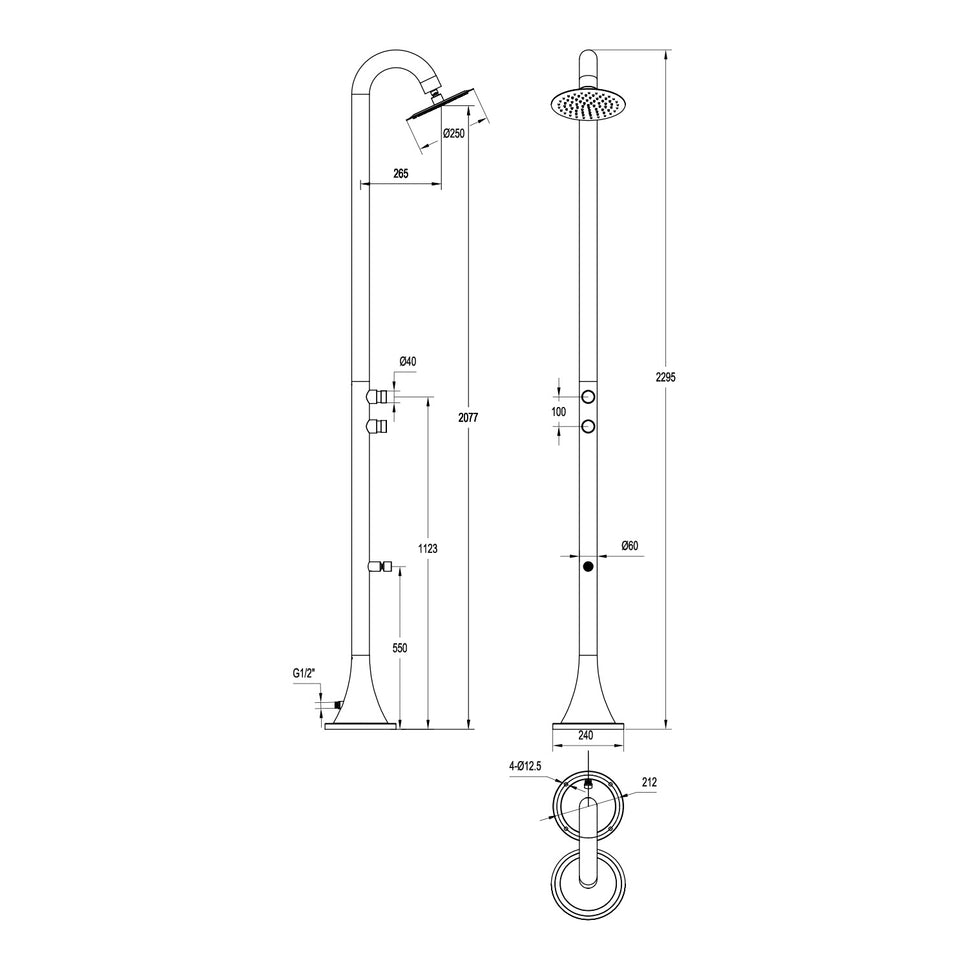 SINED Ducha Temporizada Inox Satinado en Acero Inox 316L para Jardines y Áreas de Piscina - Modelo DOCCIA-INOX-LUNA-DOPPIO-TMP-INOX
