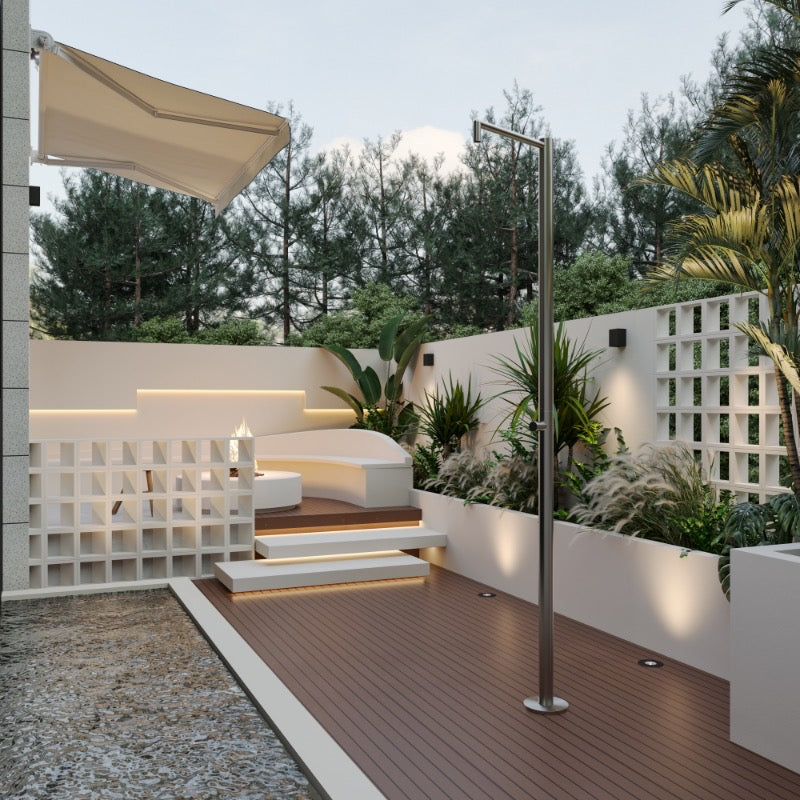 SINED Ducha de acero inoxidable 316L satinado con temporizador de agua fría y rociador antivandálico ideal para espacios comunitarios y resistente a la corrosión - Modelo DOCCIA INOX MONOCOLO