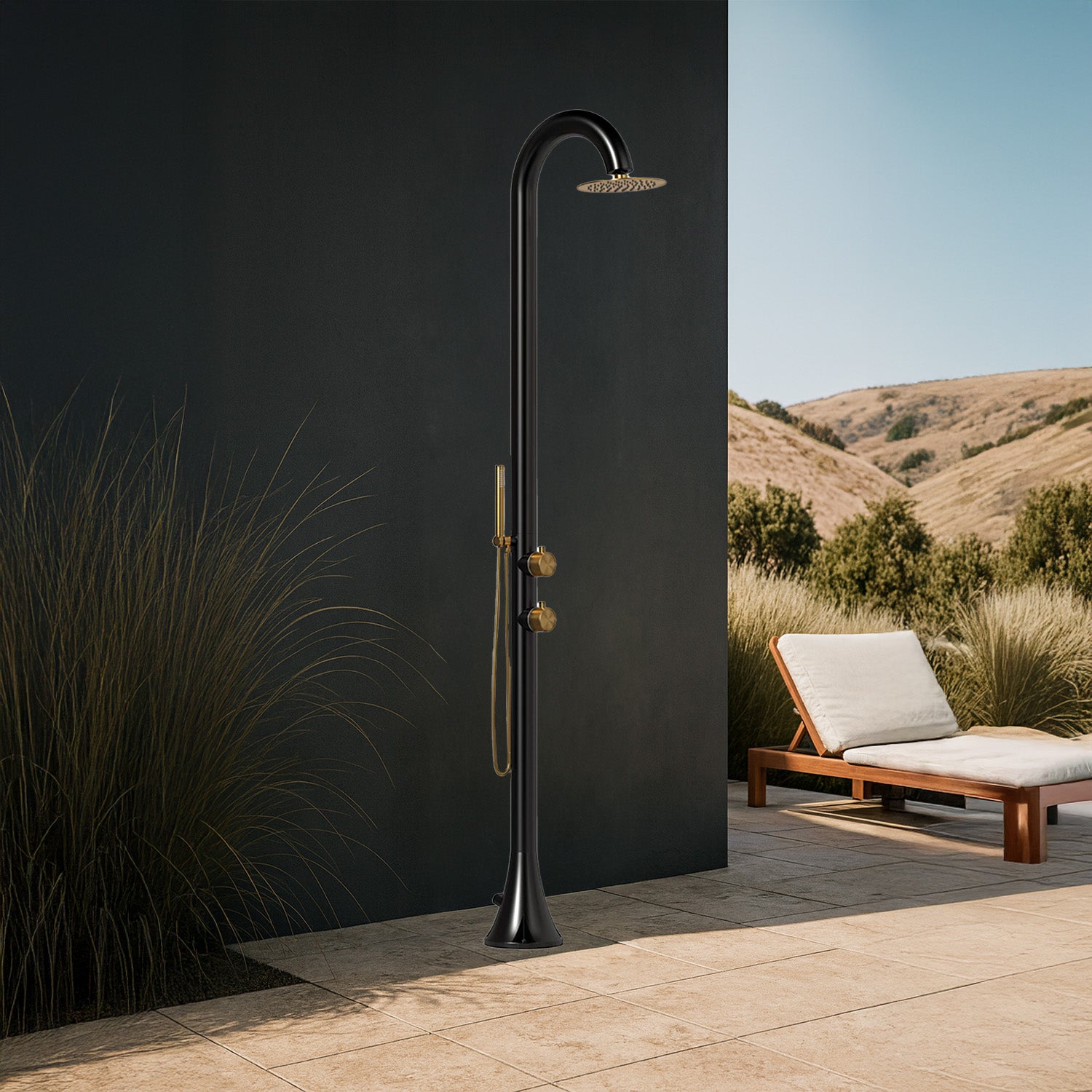 SINED Douche Moon D Acier Inoxydable Noir 316l Avec Douchette Flexible Avec Entrées Doubles Pour Eau Chaude Et Froide Par Le Côté Ou Par Le Bas Deux Modes Idéal Pour Installations Extérieures