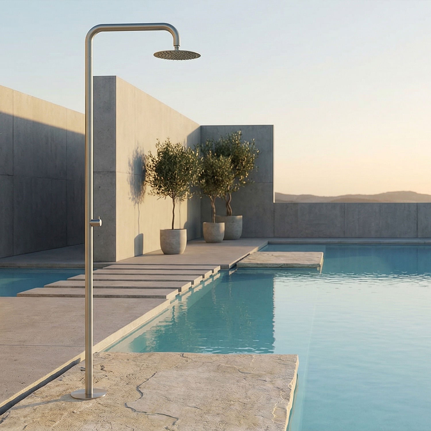 SINED ducha exterior en acero inoxidable AISI 316L color canna di fucile con doble entrada de agua rociador 25 cm y fijación suelo DOCCIA-NORA-CANNA-FUCILE