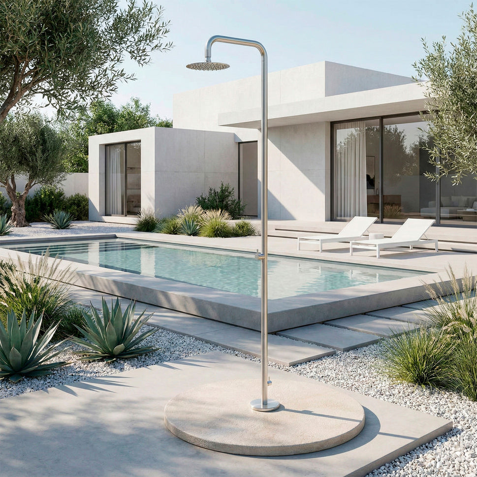 SINED ducha exterior acero inoxidable AISI 316 inox satinado conexión trasera 1-2 rociador Ø 25 cm fijación suelo con 4 tacos modelo Nora