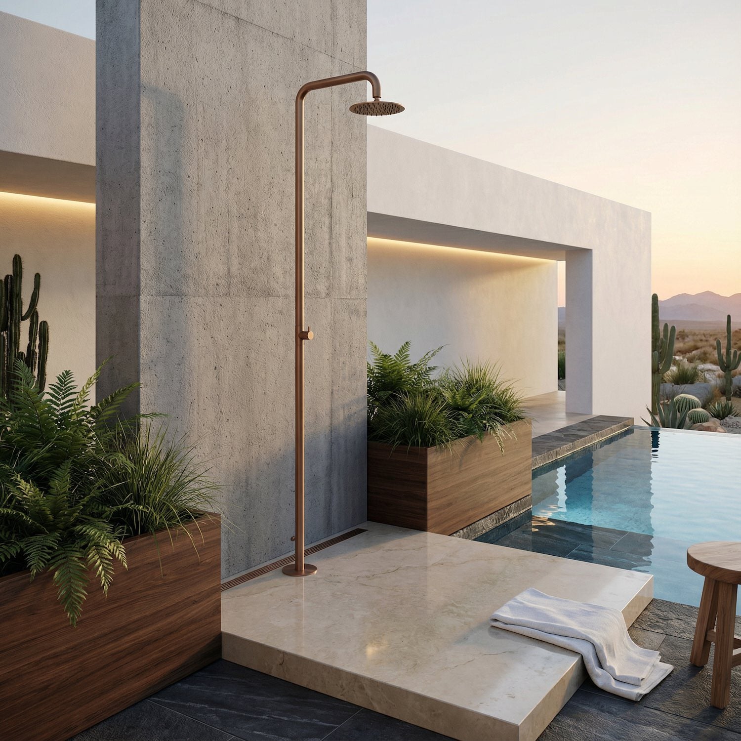 SINED ducha exterior en acero inox AISI 316L acabado PVD oro rosa con grifo conexión trasera ½ rociador 25 cm y fijación a piso DOCCIA-NORA-ORO-ROSA