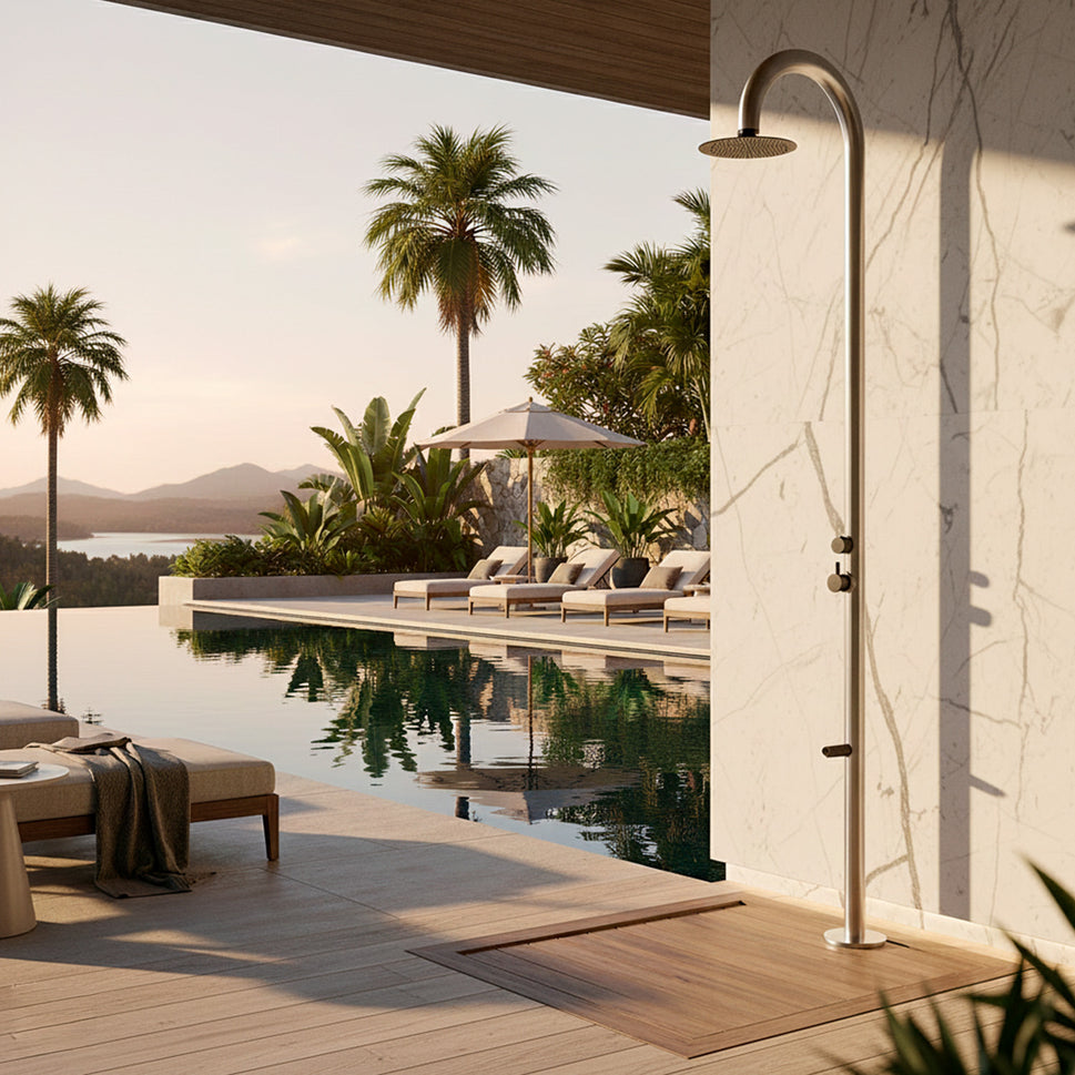 SINED Doccia de acero inoxidable AISI 316L color inox y negro con mixer lava pies y ducha de 25 cm para interior y exterior DOCCIA-PALAU-DUO-INOX-NERA