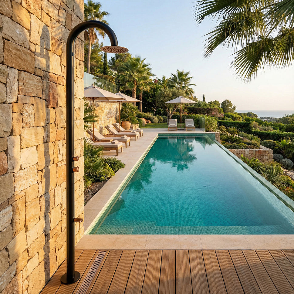 SINED Doccia con Soffione 25 cm Miscelatore y Lavapiedi Acero Inox AISI 316L Negro y Oro Rosa para Interior y Exterior DOCCIA-PALAU-DUO-NERA-OROROSA