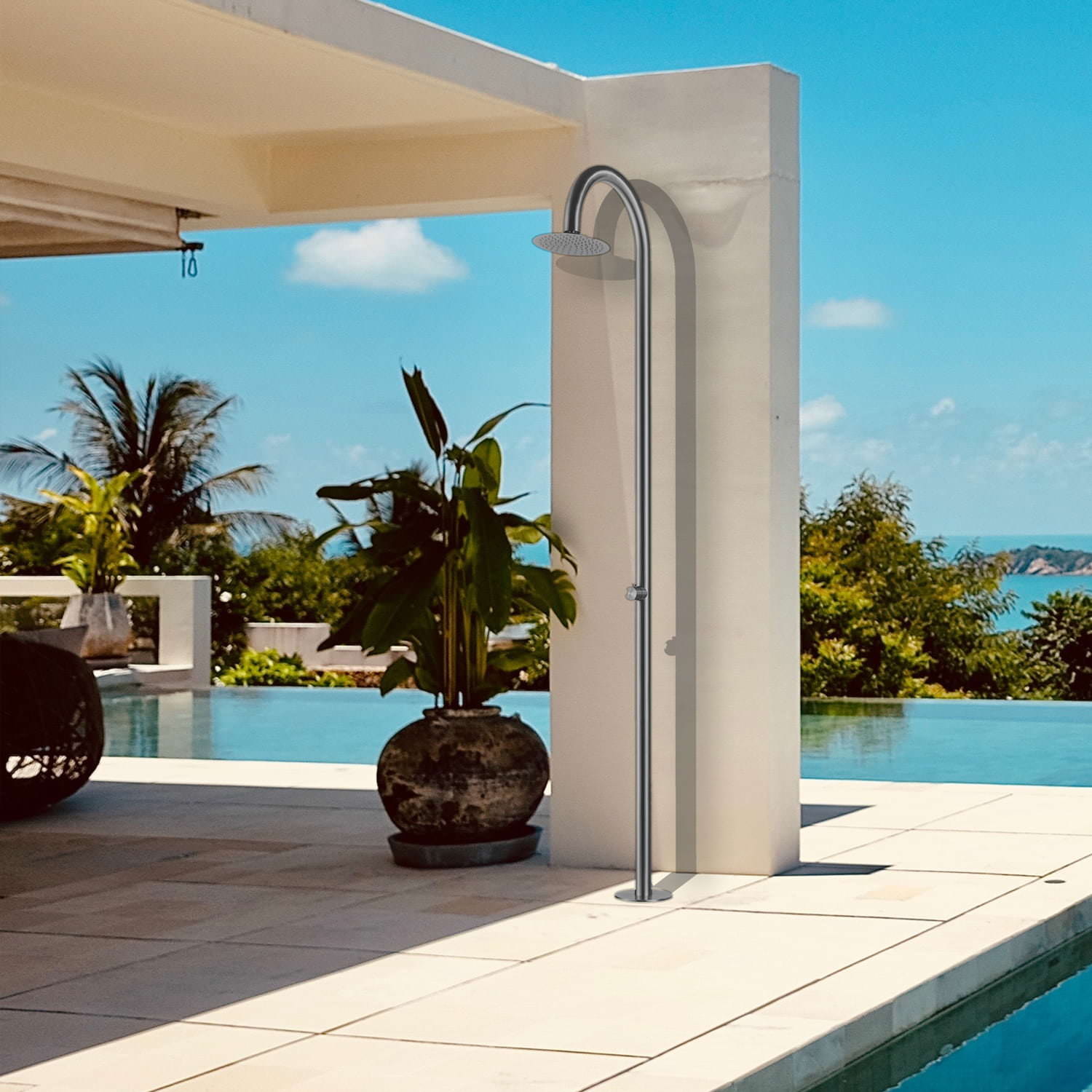 SINED Ducha de Acero Inoxidable AISI 316L Satinado para Agua Fría Resistente a Agentes Atmosfericos Diámetro 6 cm Ideal para Piscinas y Jardines Modelo Palau