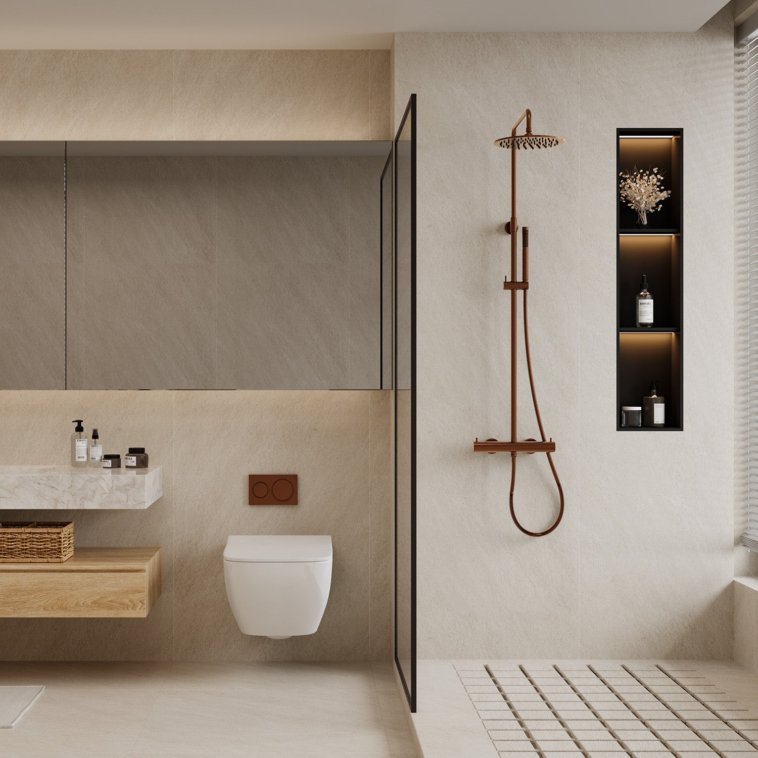 SINED Ducha Termostática de Acero Inoxidable 316L en Oro Rosa para Instalación a Pared Con Miscelador para Soffione y Doccino a Mano Ideal para Uso Interno y Externo Modelo Levante