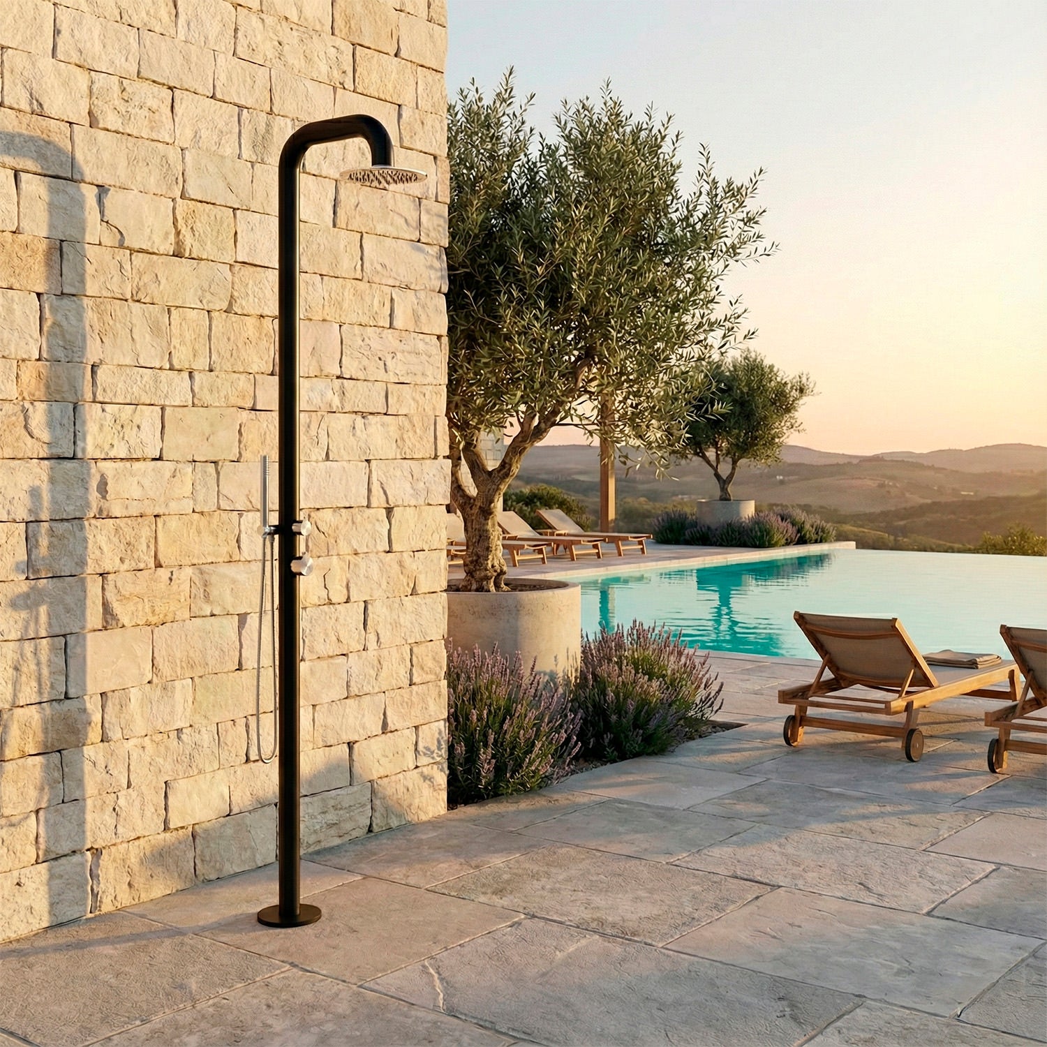 SINED Ducha de Jardín con Mezclador y Cuerpo de Teleducha en Acero Inoxidable AISI 316L Color Negro Satinado Suministro de Agua Caliente y Fría Modelo DOCCIAPULANERA