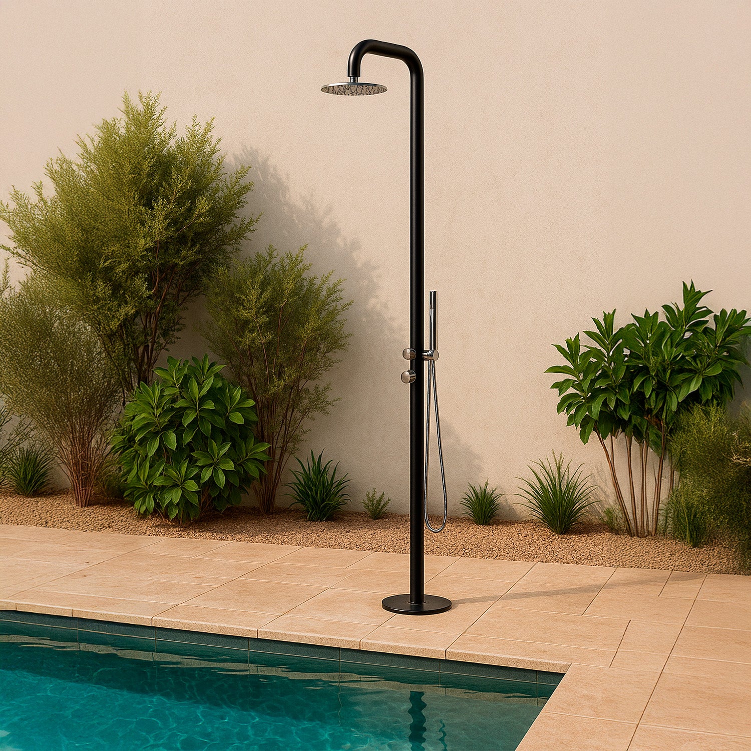 SINED Douche de Jardin avec Mitigeur et Corps de Douchette en Acier Inoxydable AISI 316L Couleur Noir Satiné Alimentation en Eau Chaude et Froide Modèle DOCCIAPULANERA