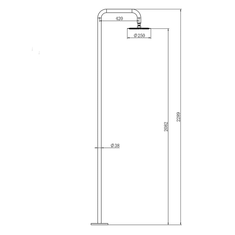 SINED doccia esterna in acciaio inox AISI 316L finitura canna di fucile con soffione 25 cm connessione posteriore 1-2 y fijación a suelo con 4 anclajes Santadi Canna Fu