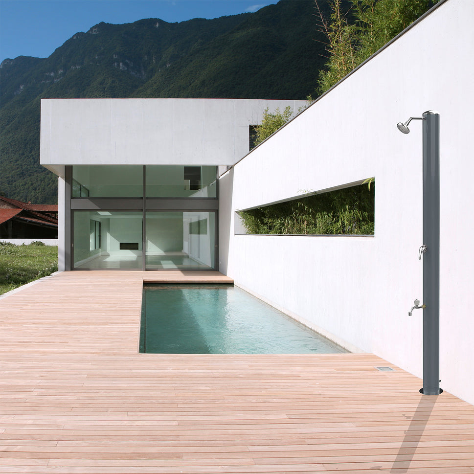 Sined Ducha Solar Rimini Pizarra Gris Ducha De Jardín De Acero Inoxidable Con Calefacción Solar Grifo Mezclador y Lavapies 28 Litros Blanco Ideal Para Jardín Piscina Hotel Playa