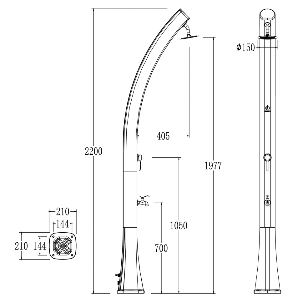 Sined Sole Curve Polyethylen-Dusche mit Solarheizung und grünem Fußbad